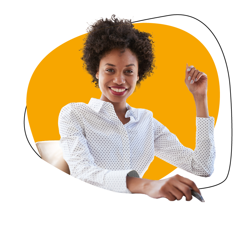 Woman in white polka dot shirt smiling with yellow background.