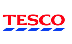 Tesco logo with red text and blue stripes.