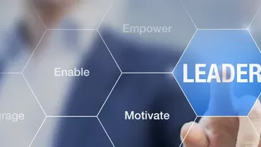 Person pointing to hexagon labeled 'Leader' among other leadership qualities.
