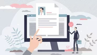 Illustration of a hand pointing to a computer screen with documents