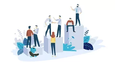 Illustration of people collaborating in an office environment with charts.