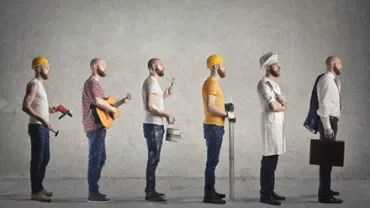 Man in six contrasting jobs: laborer, musician, painter, engineer, chef, businessman.