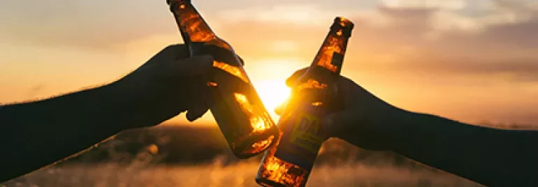Two hands clinking beer bottles at sunset in a field.